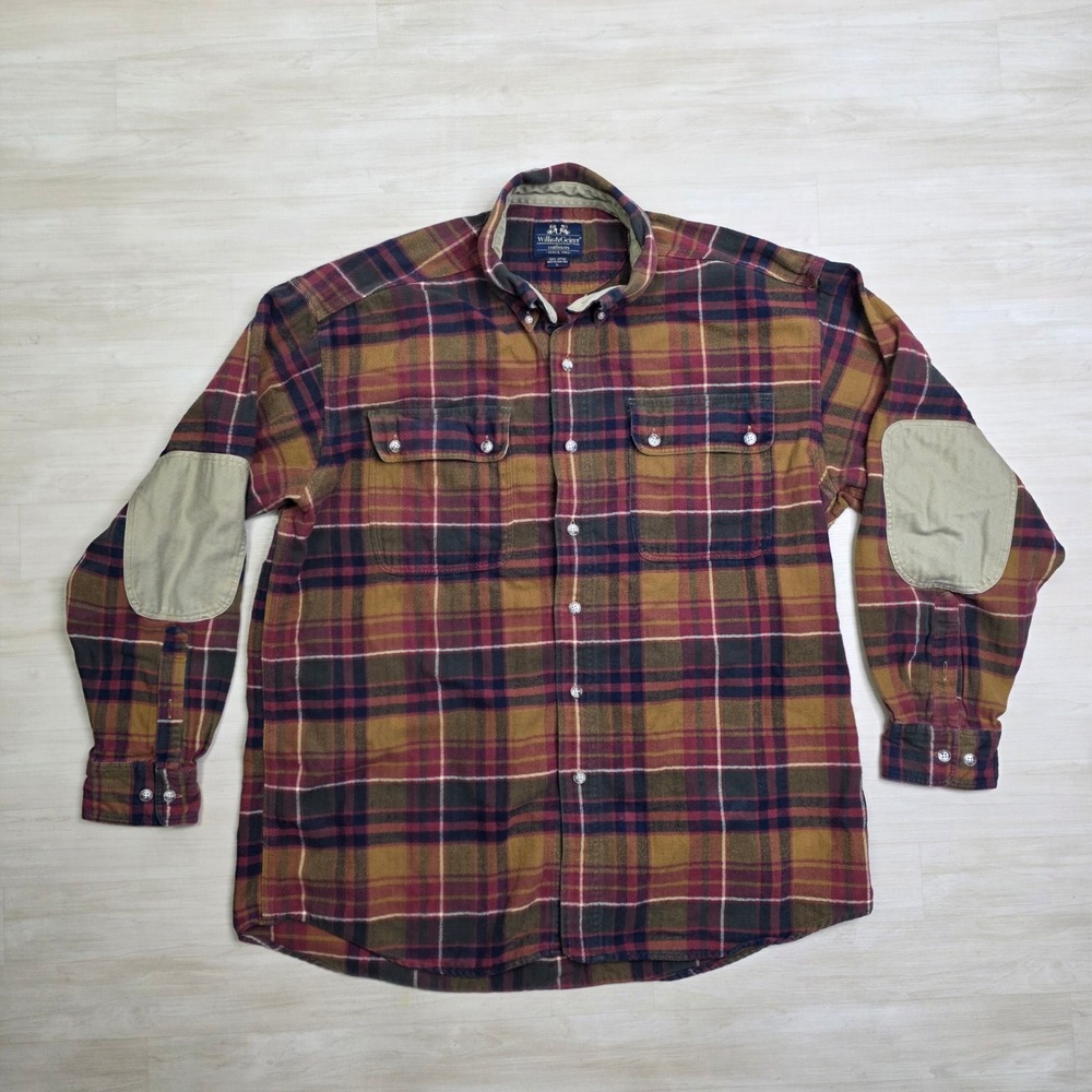 Willis & Geiger Outfitters Mens Large Plaid Flannel Shirt Elbow Patches Cotton